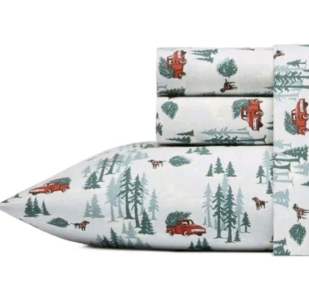 Eddie Bauer Christmas Flannel Sheet Set Full White Red Truck Pine Tree Holiday